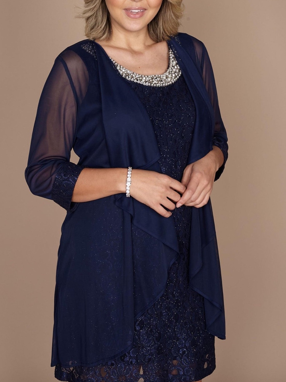 NWT R&M Richards Blue Embellished Lace Dress with Sheer Jacket Size 8